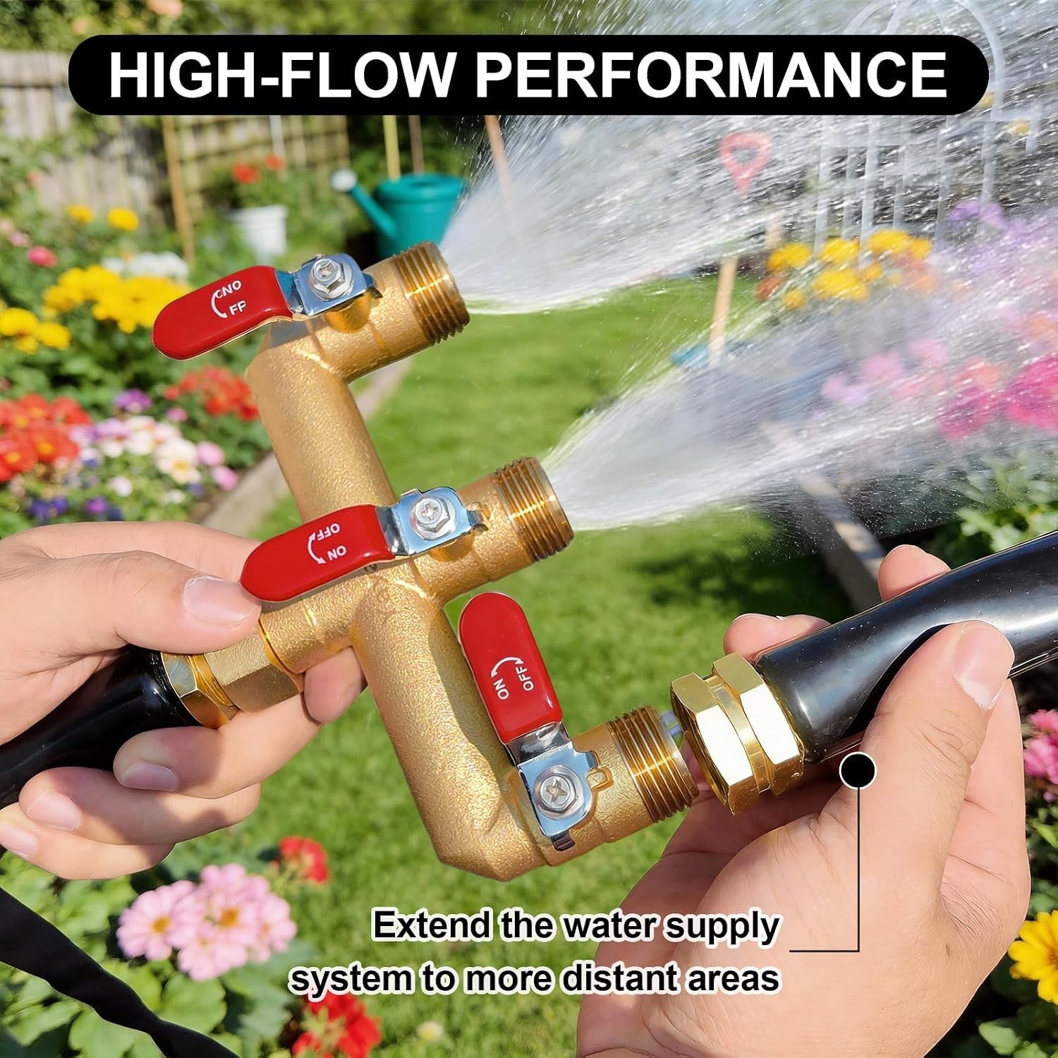 3 Way Garden Hose Splitter, 3/4" GHT Outdoor Water Spigot Splitter | Heavy Duty Solid Brass Body with Shut-off Valves &