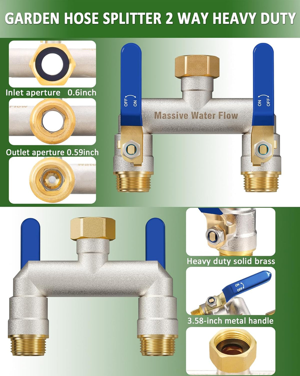 Hose Splitter 2 Way Heavy Duty, Brass Garden Hose Splitter | 304 Stainless Steel Long Handle, Full Flow Nickel Plated