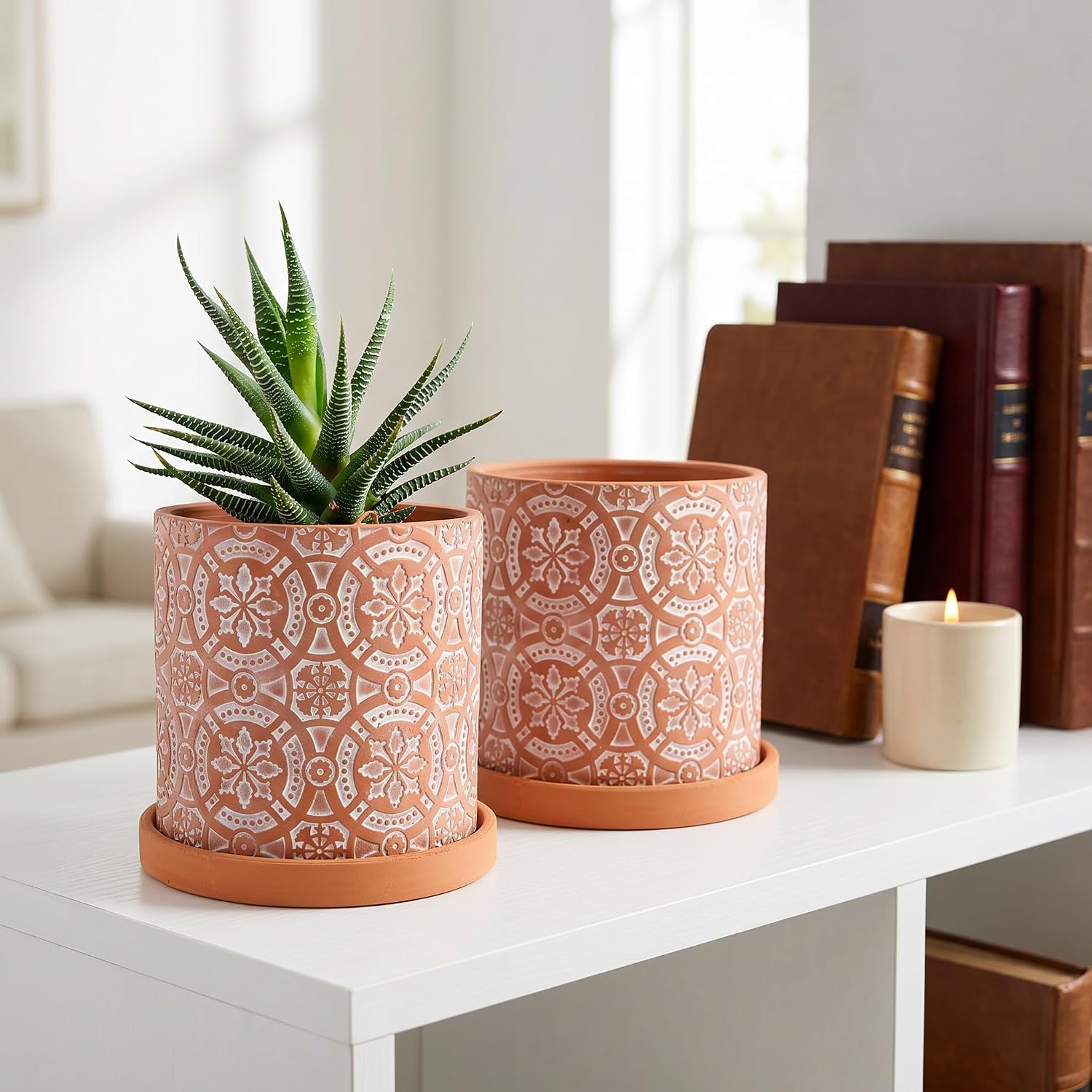 2 Pack Terracotta Plant Pot, 5'' Red Clay Planter Pot with Boho Flower Pattern, Ceramic Cactus Flower Planter Succulent