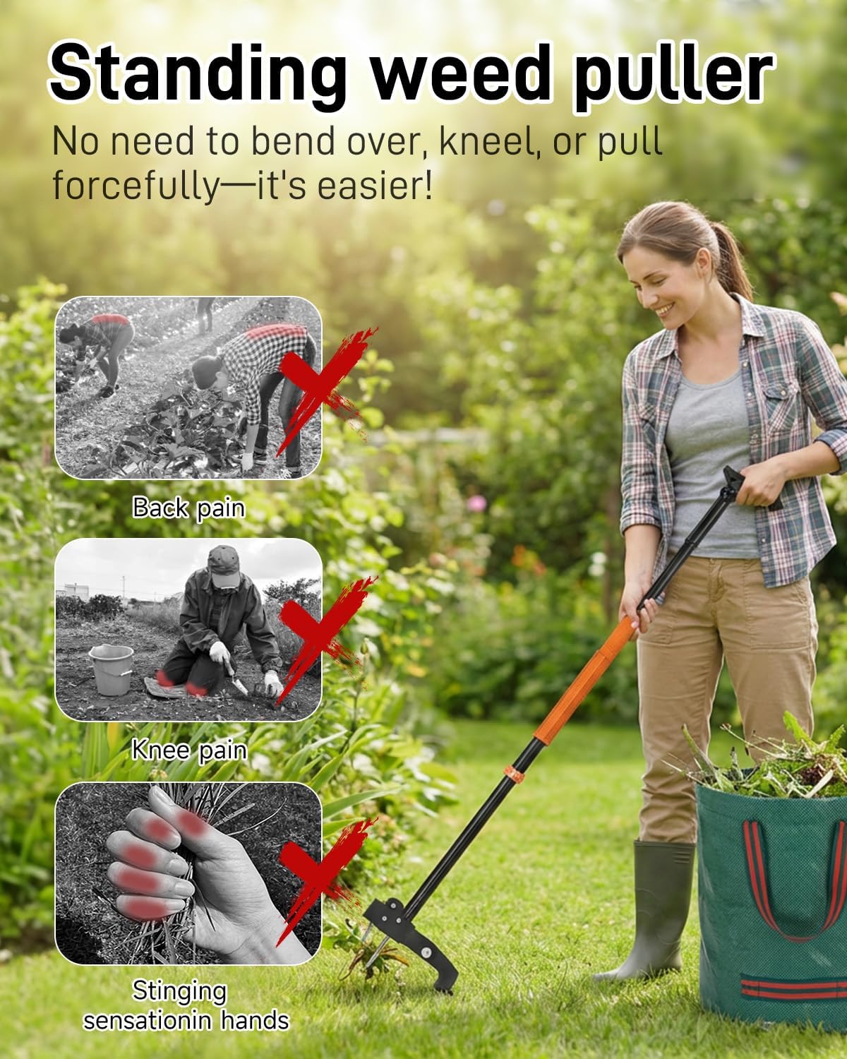 Stand Up Weed Puller Tool with Adjustable Long Handle and 50L Garden Bag | 36″-46″ Adjustable Handle | Heavy Duty