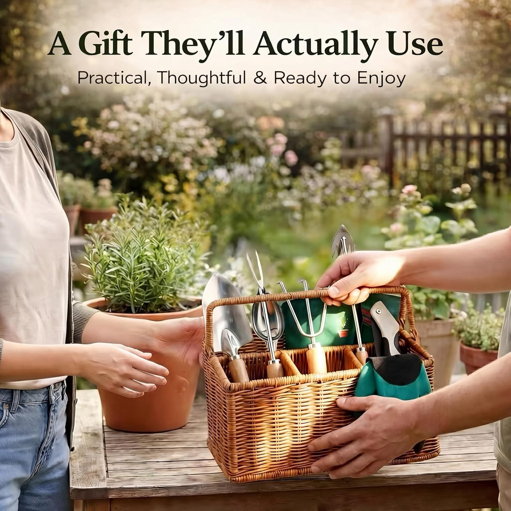 Garden Tool Set, Wicker Basket, Raised Bed Gardening, Women's Garden Gift | All-in-one gardening kit, wooden-handle