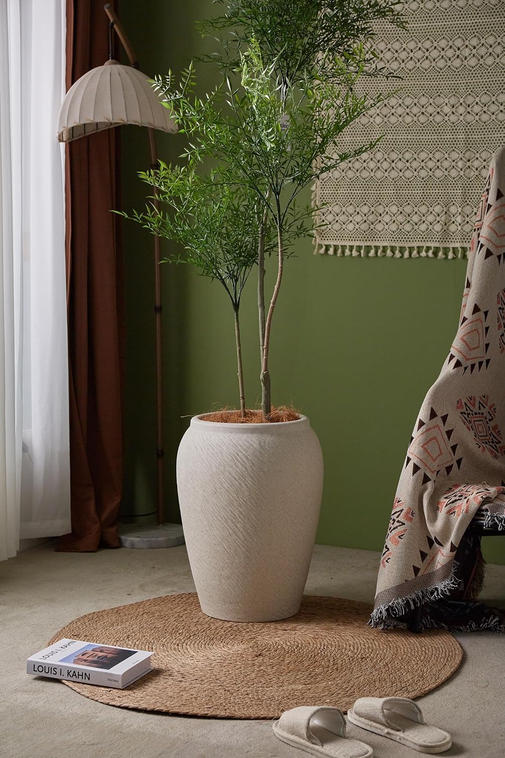 VISIBLE Large Round Ceramic Planter Pot, Beige, Radish Stripes Shape, 10.6 Inch Opening, 20.5 Inch Tall, Indoor Outdoor