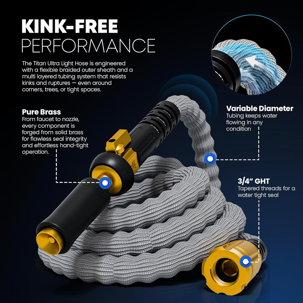 TITAN Flexible Garden Hose 100FT – Ultra Lightweight, Heavy Duty Water Hose with Brass Fittings & Jet Nozzle –