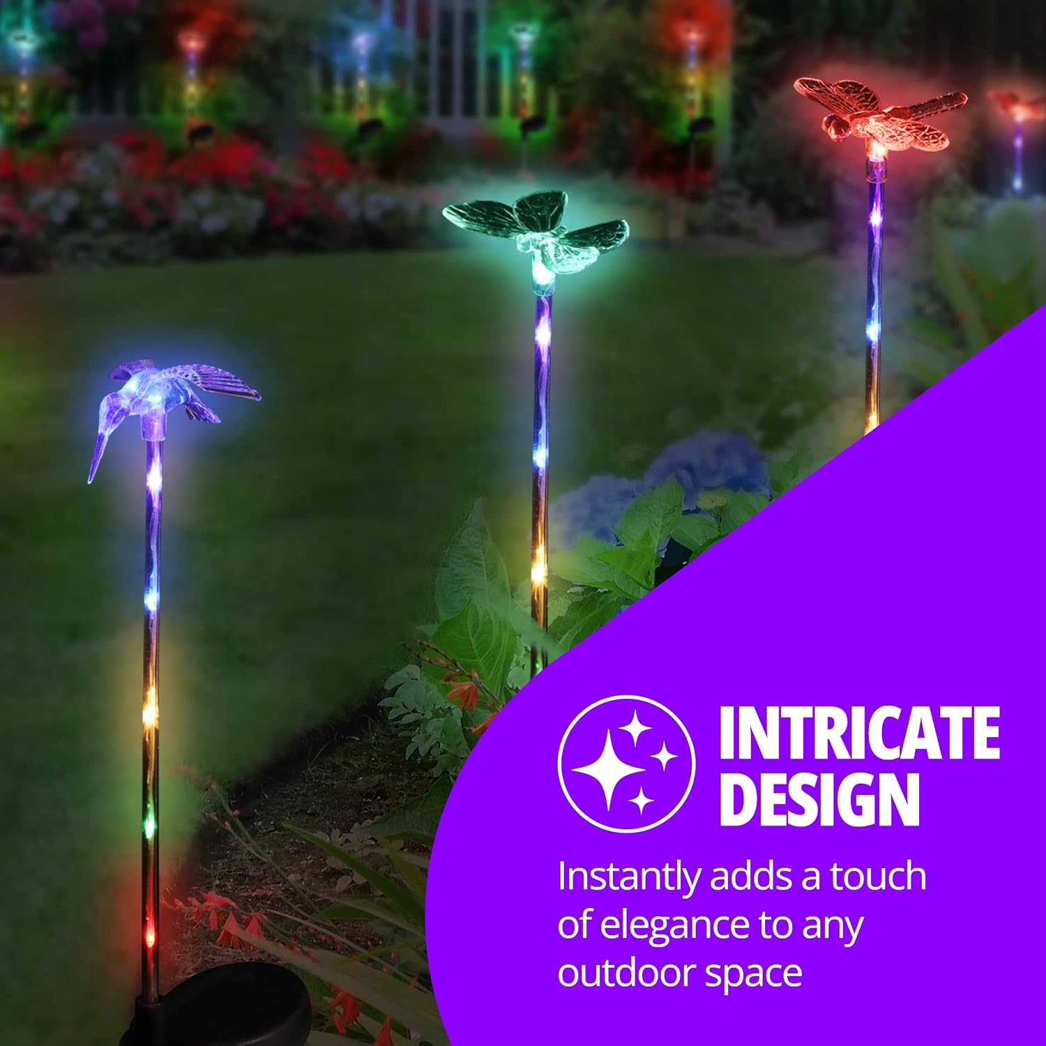 Exhart 3 Solar Acrylic Garden Stakes, Color-Changing Tops, LED Lined Stakes, 1/ea 3pc, 3.5"x 3"25.5"