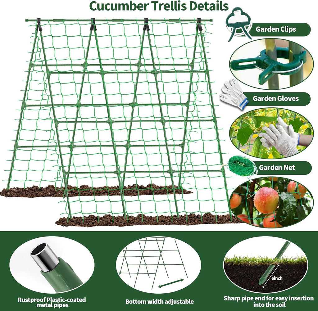 A-Frame Cucumber Trellis for Raised Bed - 63”H x 47”W, Heavy-Duty Detachable Garden Trellis with Netting & Clips