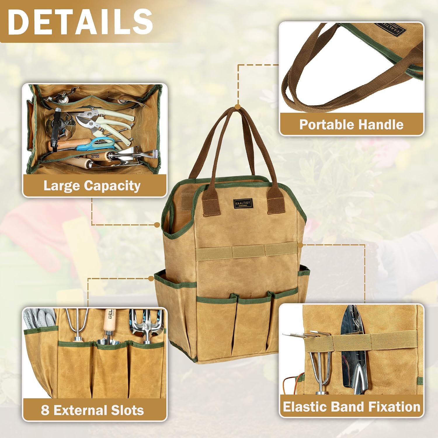 Canvas Tool Bag, 16OZ Waxed Canvas Garden Tool Tote - with 3 Inner Slots & 8 Outer Pockets & Portable Handle, Gardening