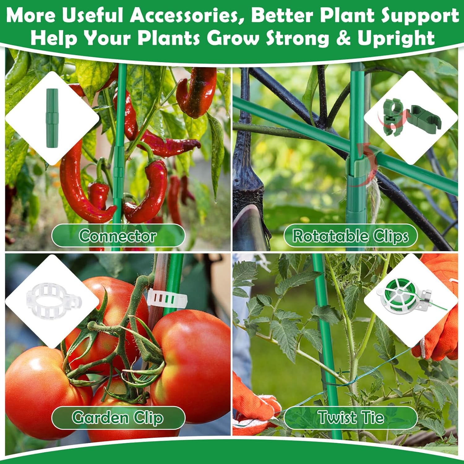 287 PCS Garden Stakes, Fiberglass Tomato Stakes, Garden Sticks | 90 Sets DIY 4ft, 5ft, 6ft, 7ft Plant Stakes with