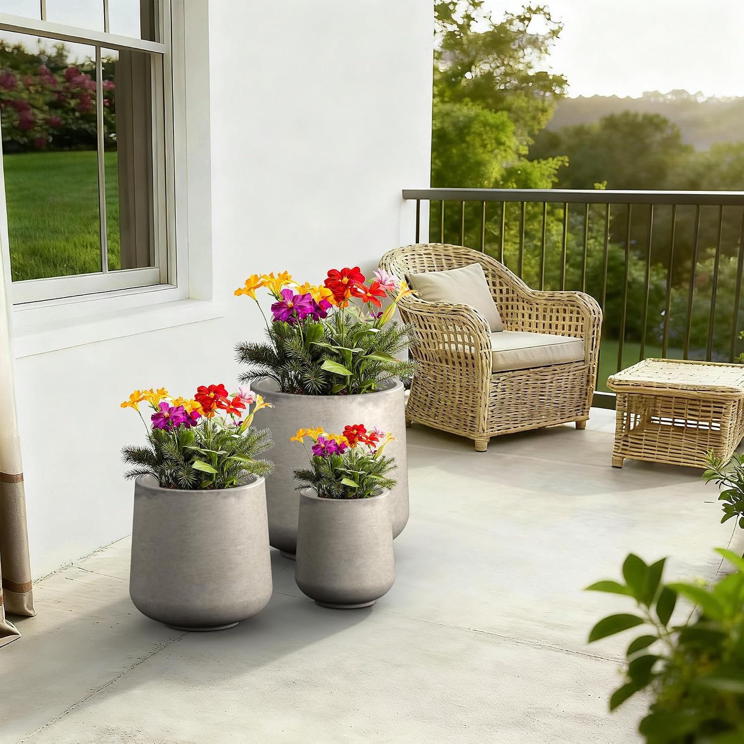 Kante Set of 3 Weathered Concrete Curved Round Planters for Modern Home | Handcrafted, Premium, Durable, All-Weather