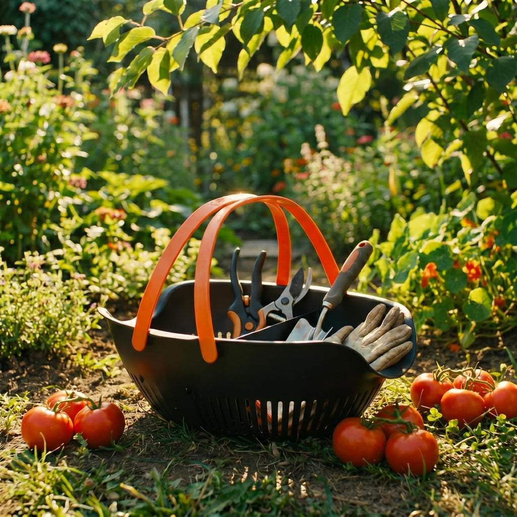 Nuogo 3 Pcs Garden Harvest Basket with Dividers Tool Caddy,Black | Removable Partitions, Doubles Colander for Veggies