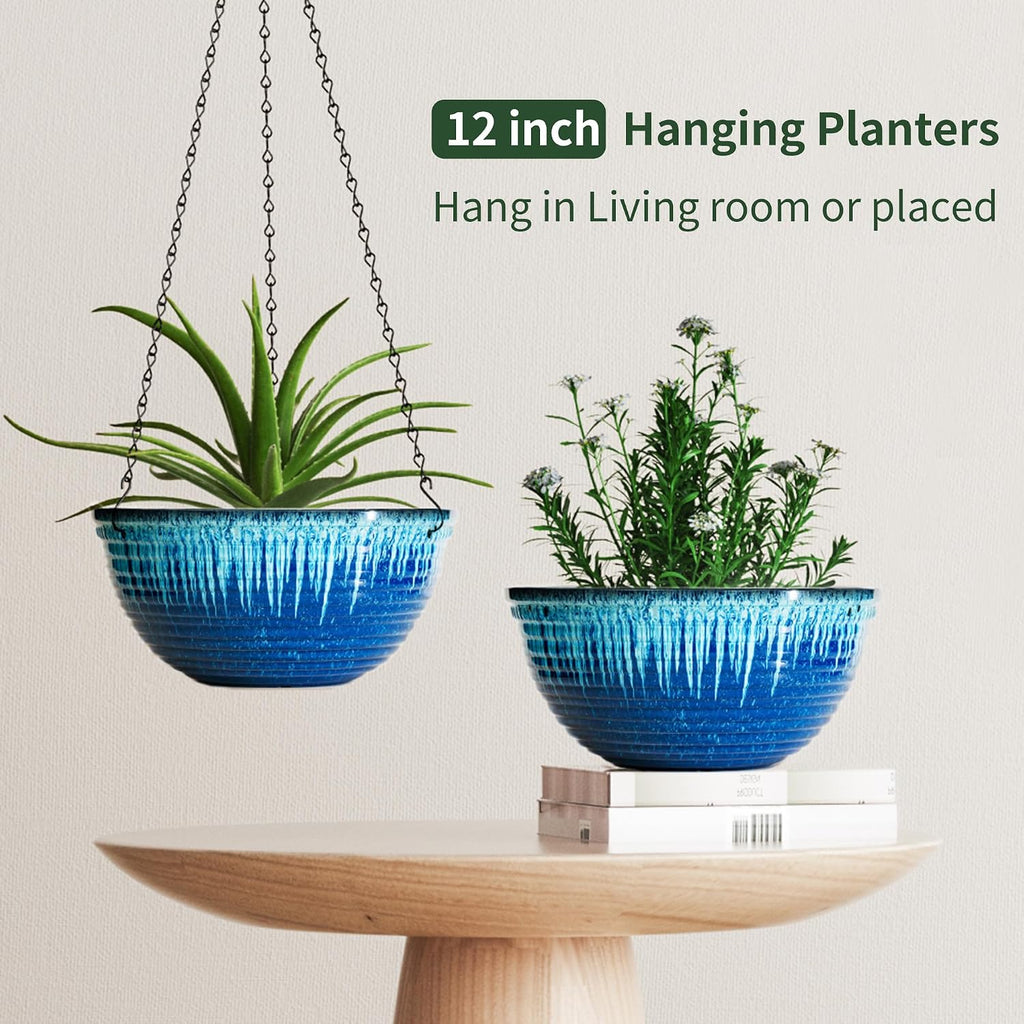 12 inch Large Hanging Planters for Indoor Outdoor Plants, Set of 2 Glazed Hanging Flower Pots with Drainage Hole