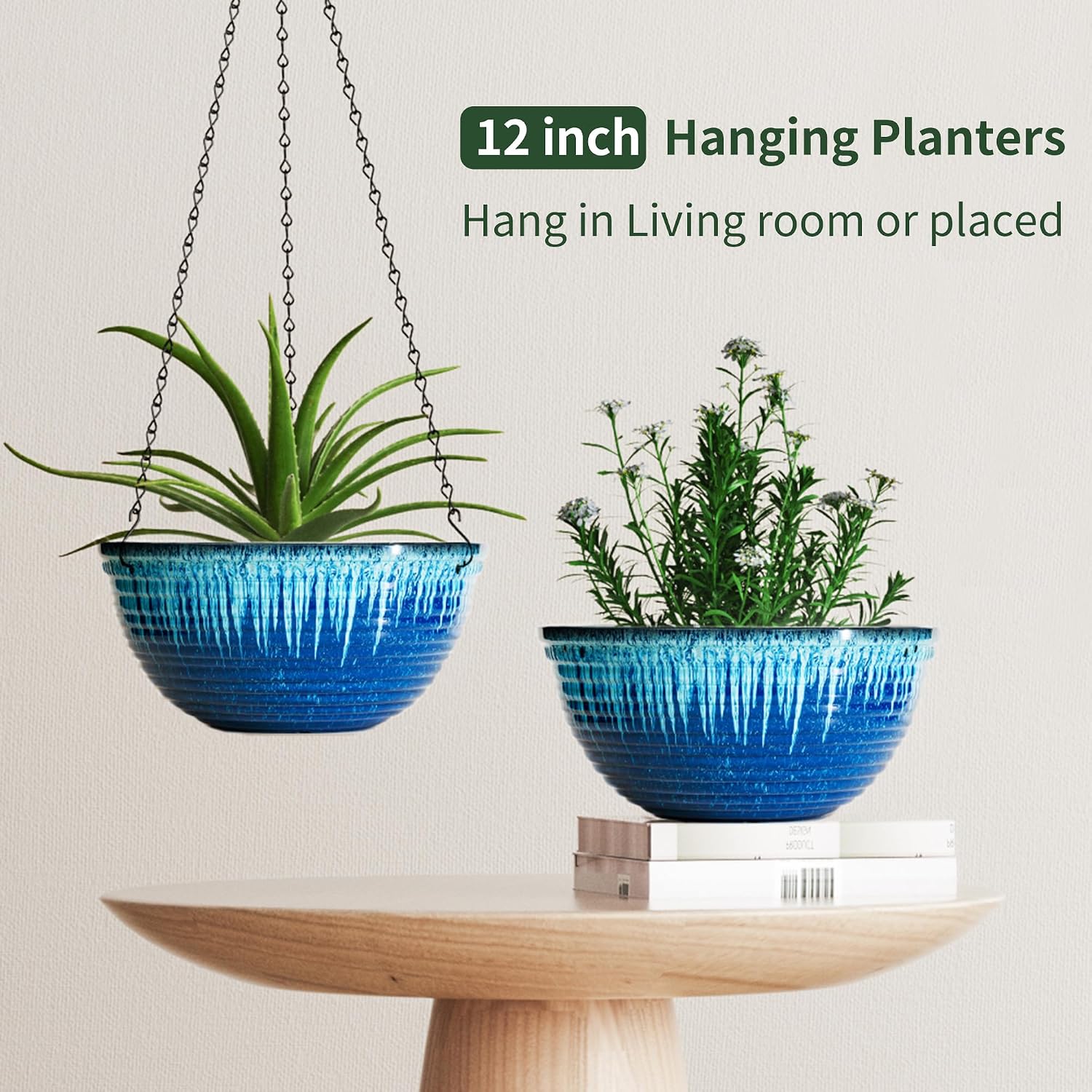 12 inch Large Hanging Planters for Indoor Outdoor Plants, Set of 2 Glazed Hanging Flower Pots with Drainage Hole
