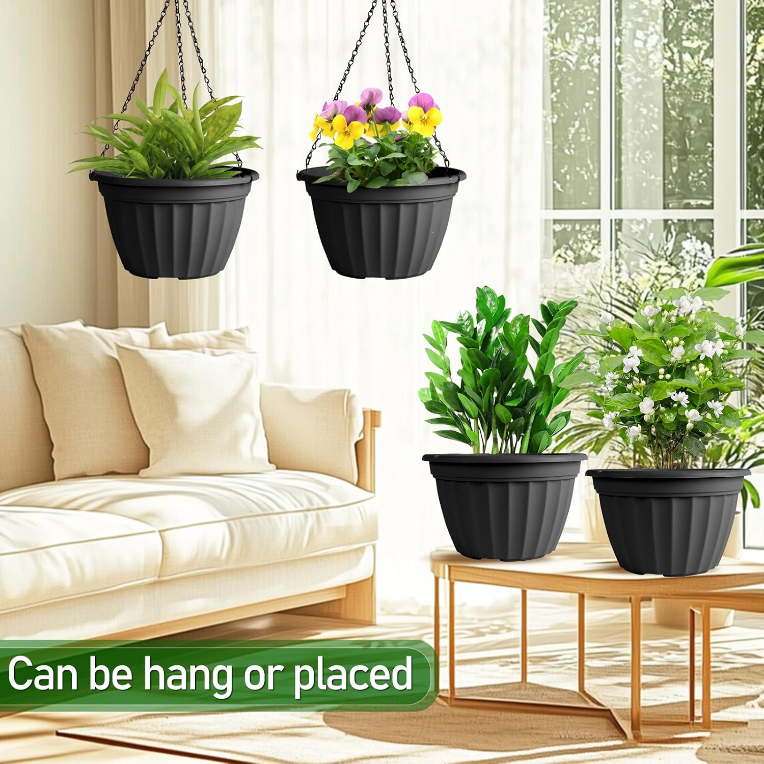FGstyle Hanging Planters 10 Inch 4 Pack,Hanging Baskets for Plants Outdoor | Self Watering Plastic Hanging Flower Pots
