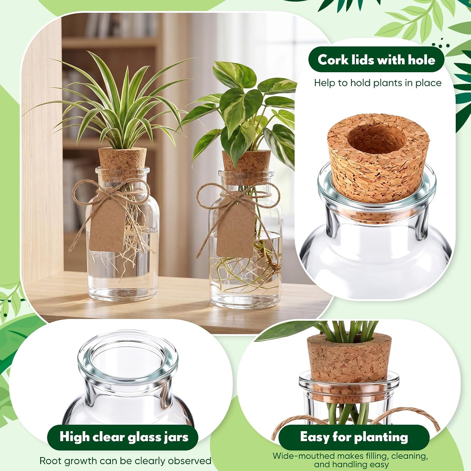 15 Pack Plant Propagation Stations with Hole Lid Tag,Cylindrical | 4.05'' Glass Propagation Jars, 4 oz Clear Hydroponic