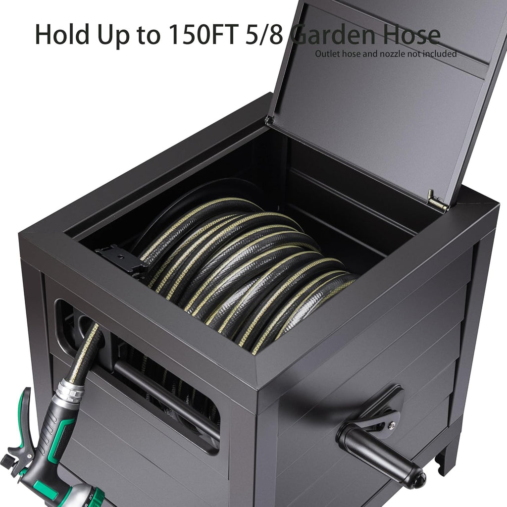 Metal Garden Hose Reel Deck box, Durable Steel Garden Hose Storage Box Cabinet, 150ft 5/8" Garden Hose Capacity. - Hose