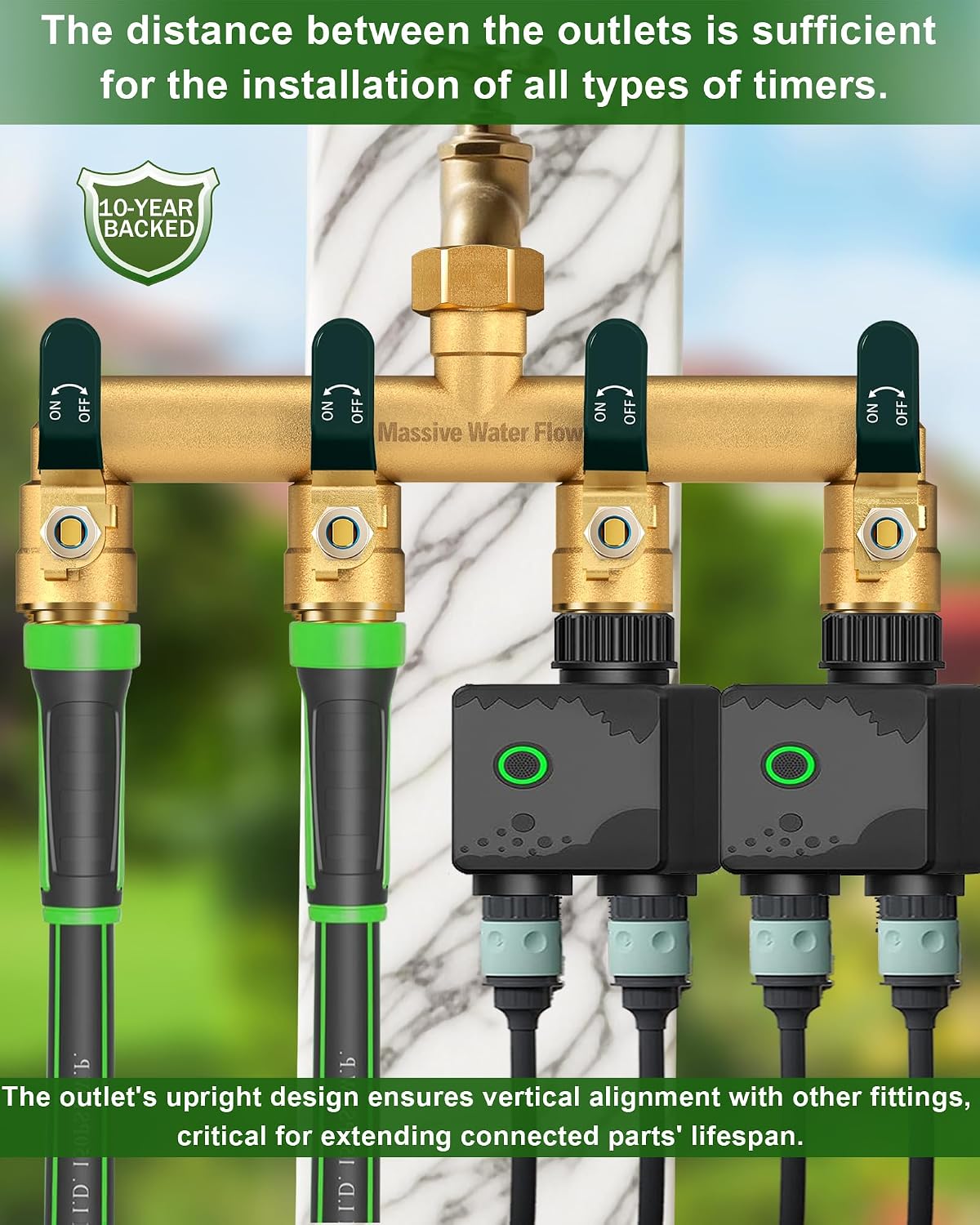 4 Way Hose Splitter, Heavy Duty Full Flow Garden Hose Splitter with 4 Large Metal Handles, Brass Water Hose Bib