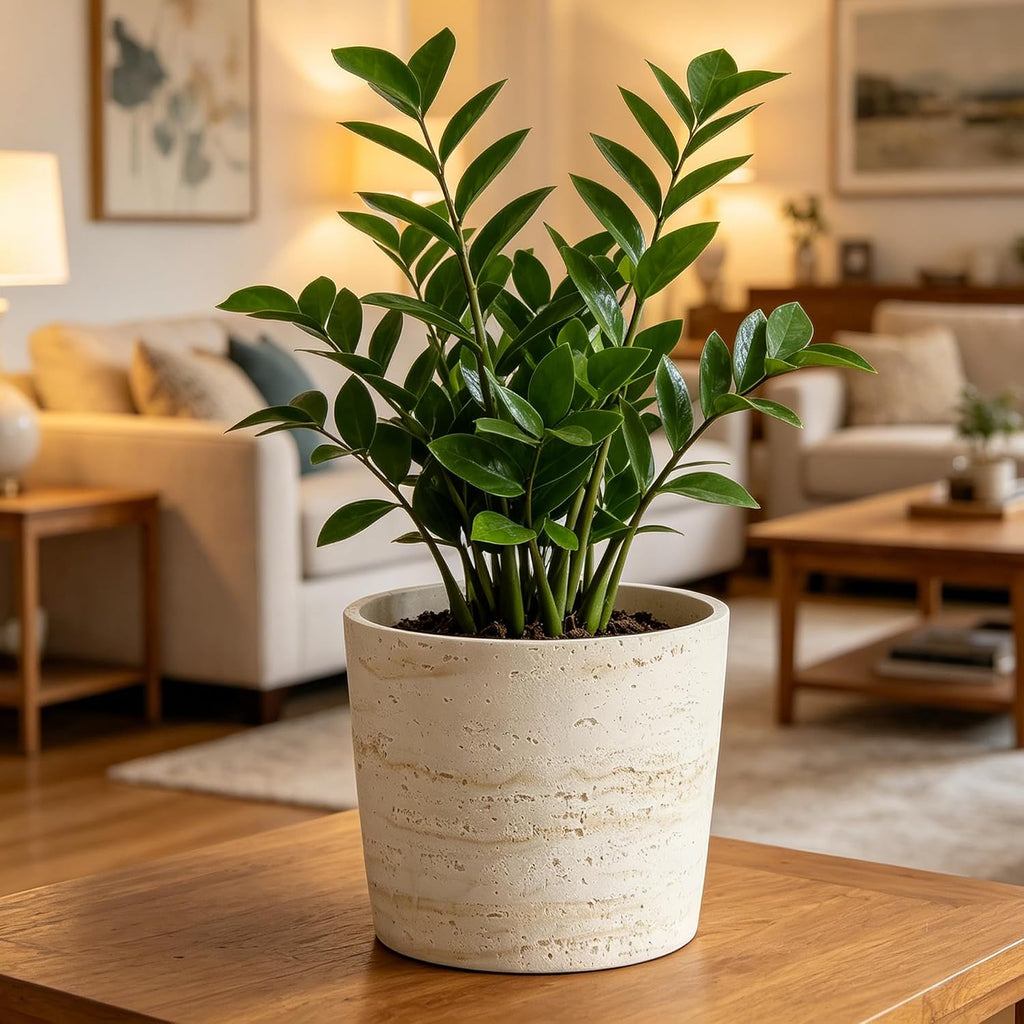 Ekirlin 7 Inch Natural Travertine Textures Plant Pot, Resin Outdoor Planter with Drainage Hole, Removable Rubber