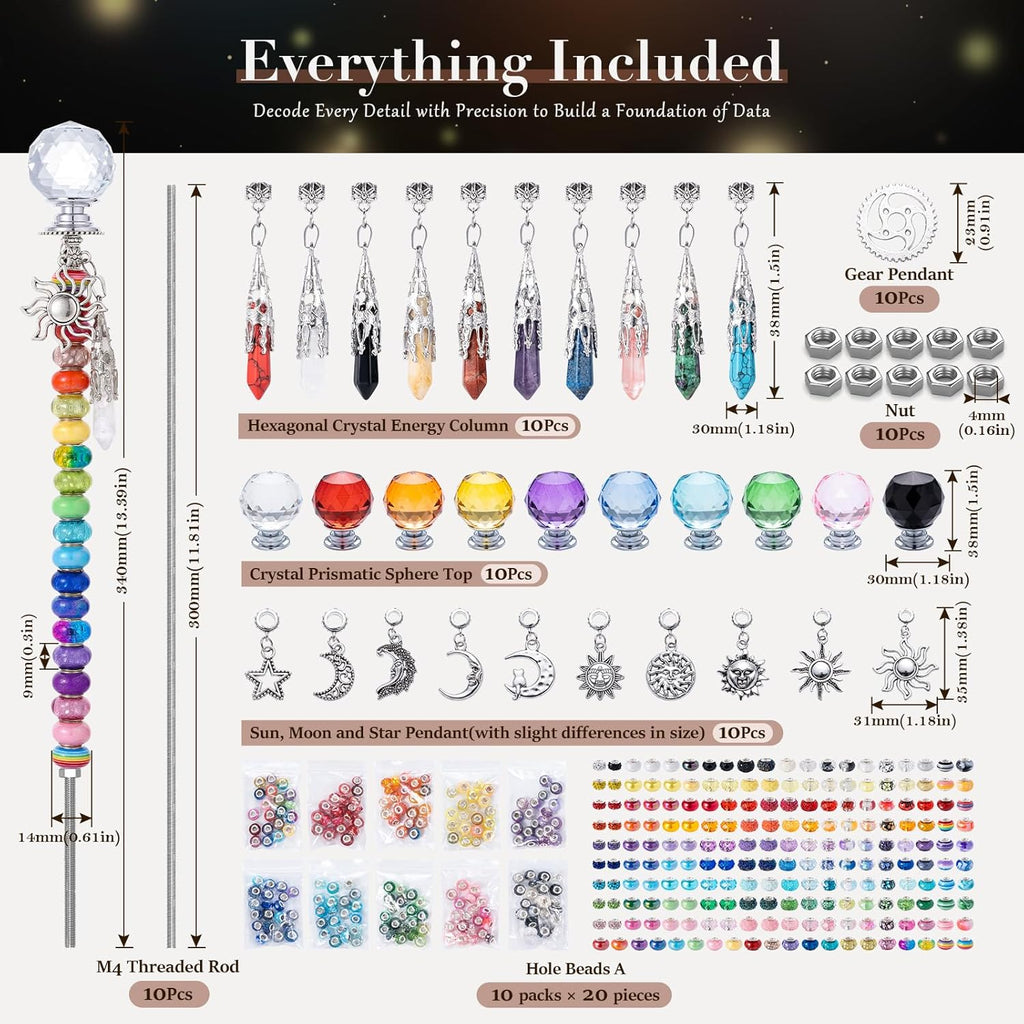 260Pcs DIY Beaded Garden Stakes, Fairy Wand 10-Pack Decorative Kit | Healing Crystal Pendant, 12in Threaded Rods
