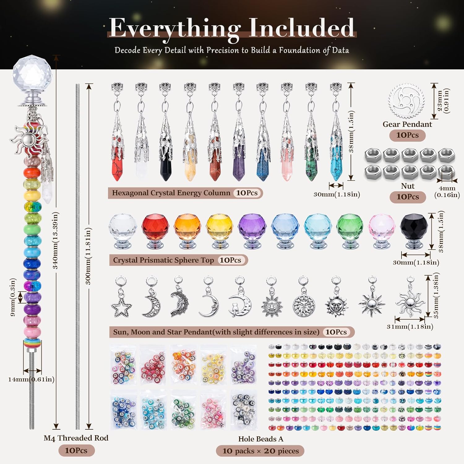 260Pcs DIY Beaded Garden Stakes, Fairy Wand 10-Pack Decorative Kit | Healing Crystal Pendant, 12in Threaded Rods