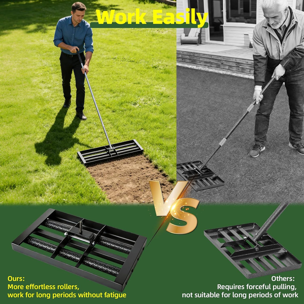 Updated Lawn Leveling Rake 17"×10" with 2 Steel Rollers, 6.5ft Handle | Effort-Saving Lawn Leveler, Yard Leveling Rake
