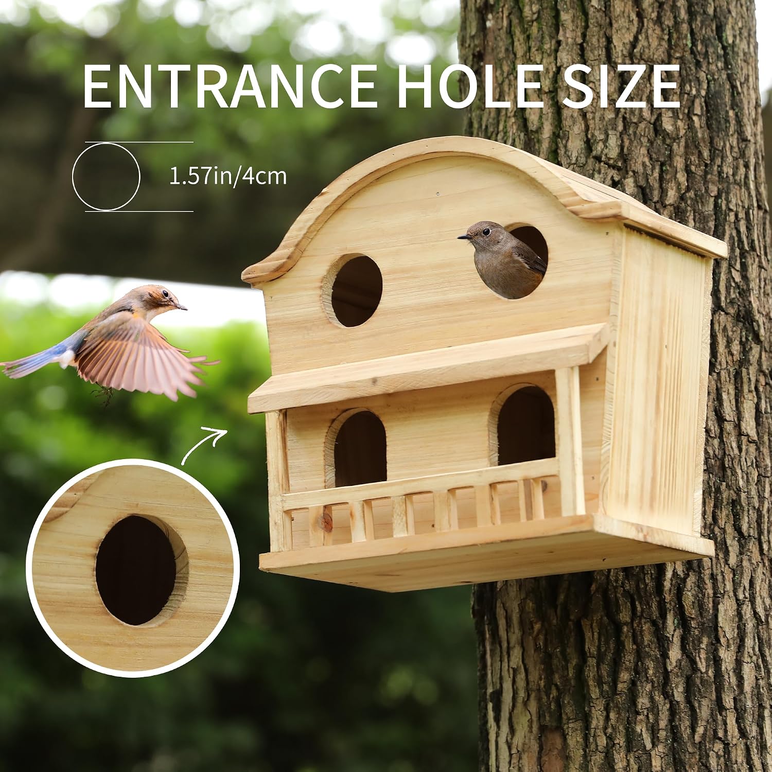 Bird Houses for Outside, 4 Hole Wooden Birdhouse for Outdoor Large Hanging Bird House Backyard Birding & Wildlife