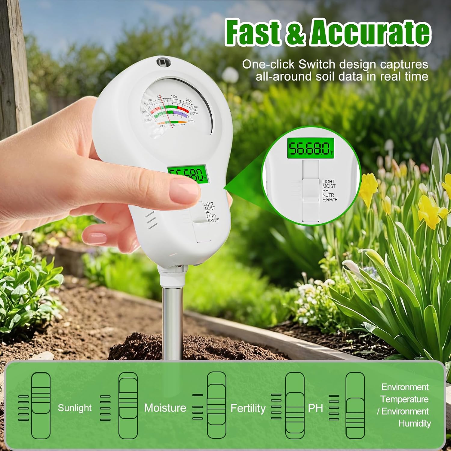 SPECILITE 6-in-1 Digital Soil Tester with Dual Screen & 2 Removable Probes | Moisture, PH, Sunlight, Temperature &