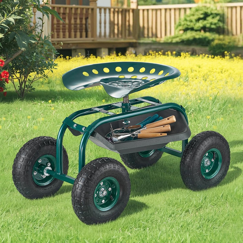 VEVOR Rolling Garden Cart with Swivel Seat, Heavy Duty Garden Seat with Storage Basket & Tool Tray, 300 lbs Weight