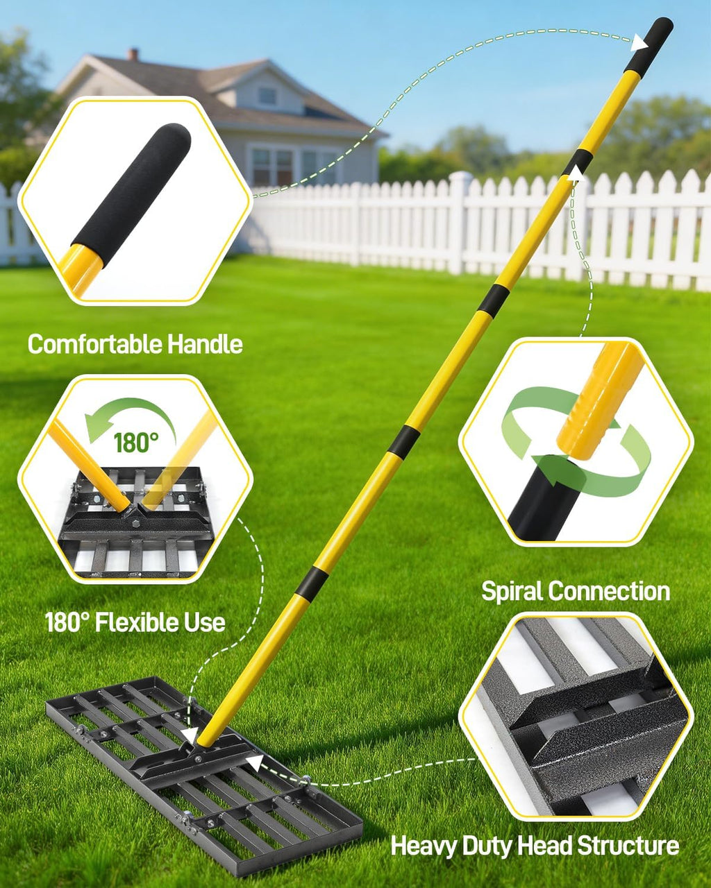30in Lawn Leveling Rake | Yard Leveling Rake with 78" Adjustable Steel Handle, Heavy Duty Effort Saving Landscape