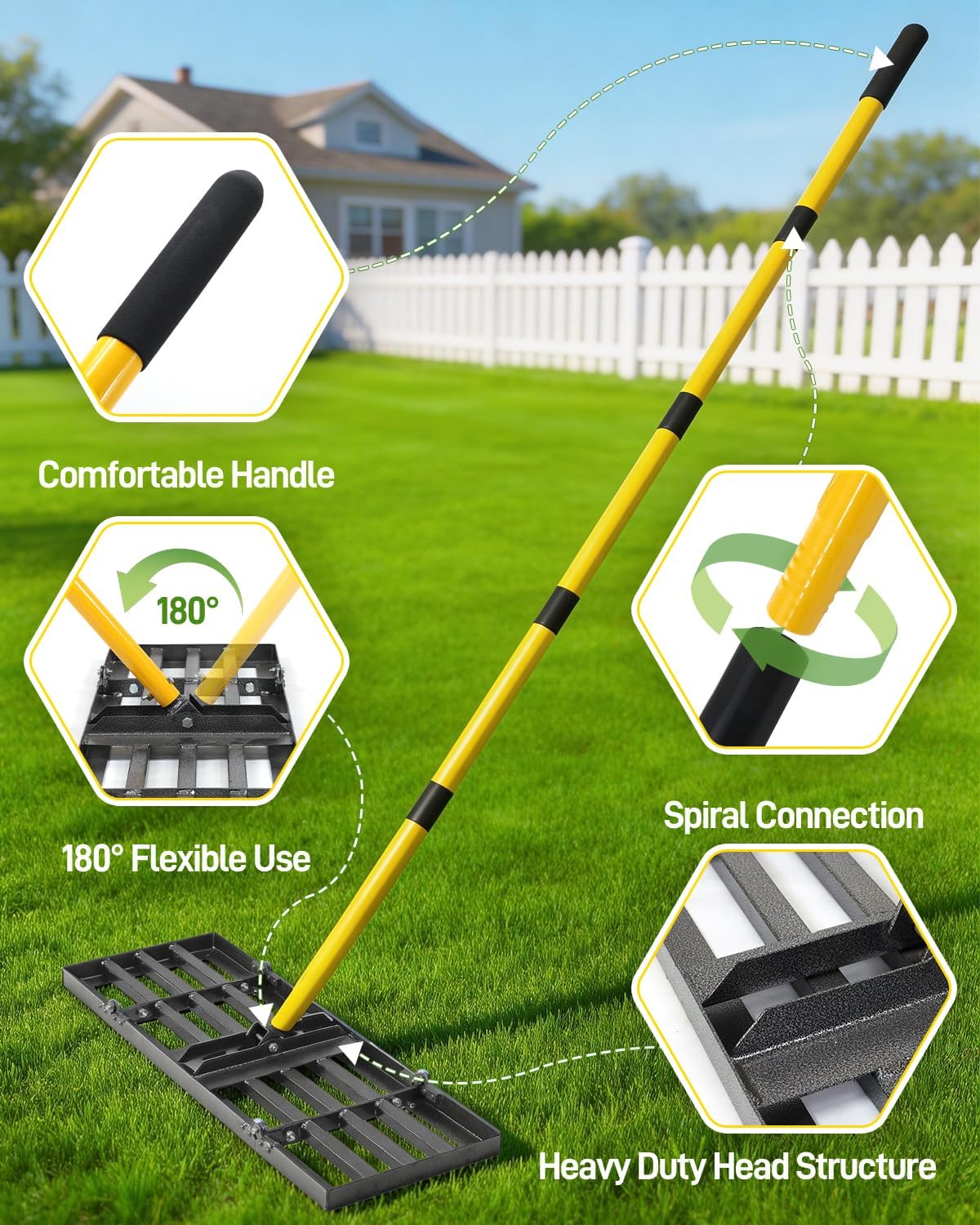 30in Lawn Leveling Rake | Yard Leveling Rake with 78" Adjustable Steel Handle, Heavy Duty Effort Saving Landscape