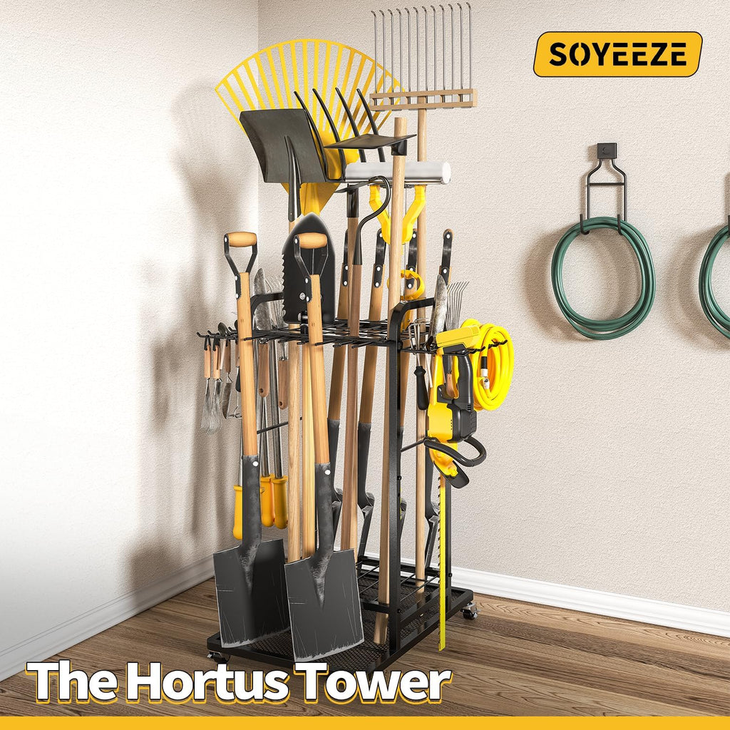 SOYEEZE Garden Tool Organizer with Lockable Wheels, Heavy Duty 3-Tier Yard Tower Tool Rack for Garage, Holds Up to 35