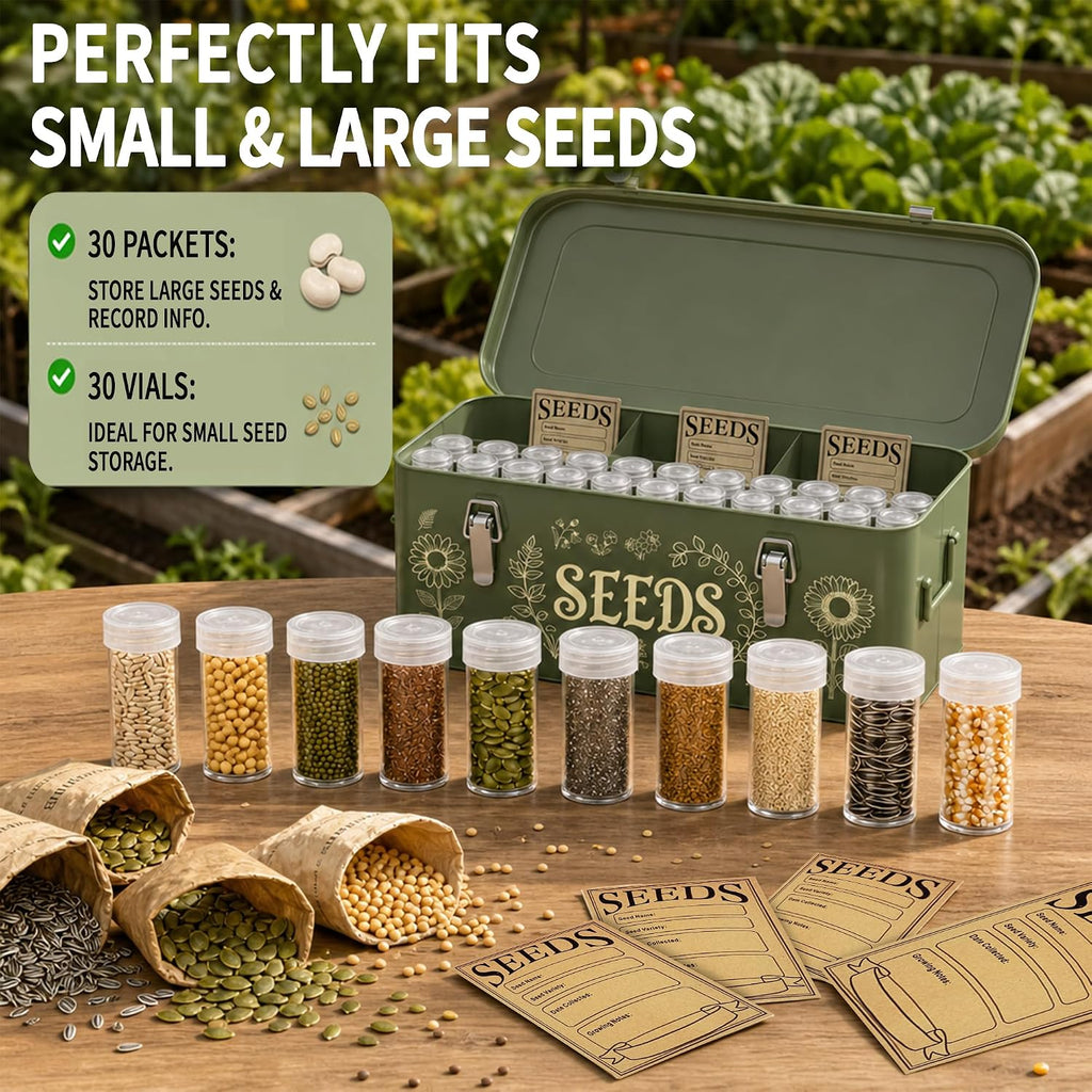 Metal Seed Storage Organizer, 4 Compartment Locking Seed Saving Box | Includes 30 Bottles & Envelopes, Dark Green