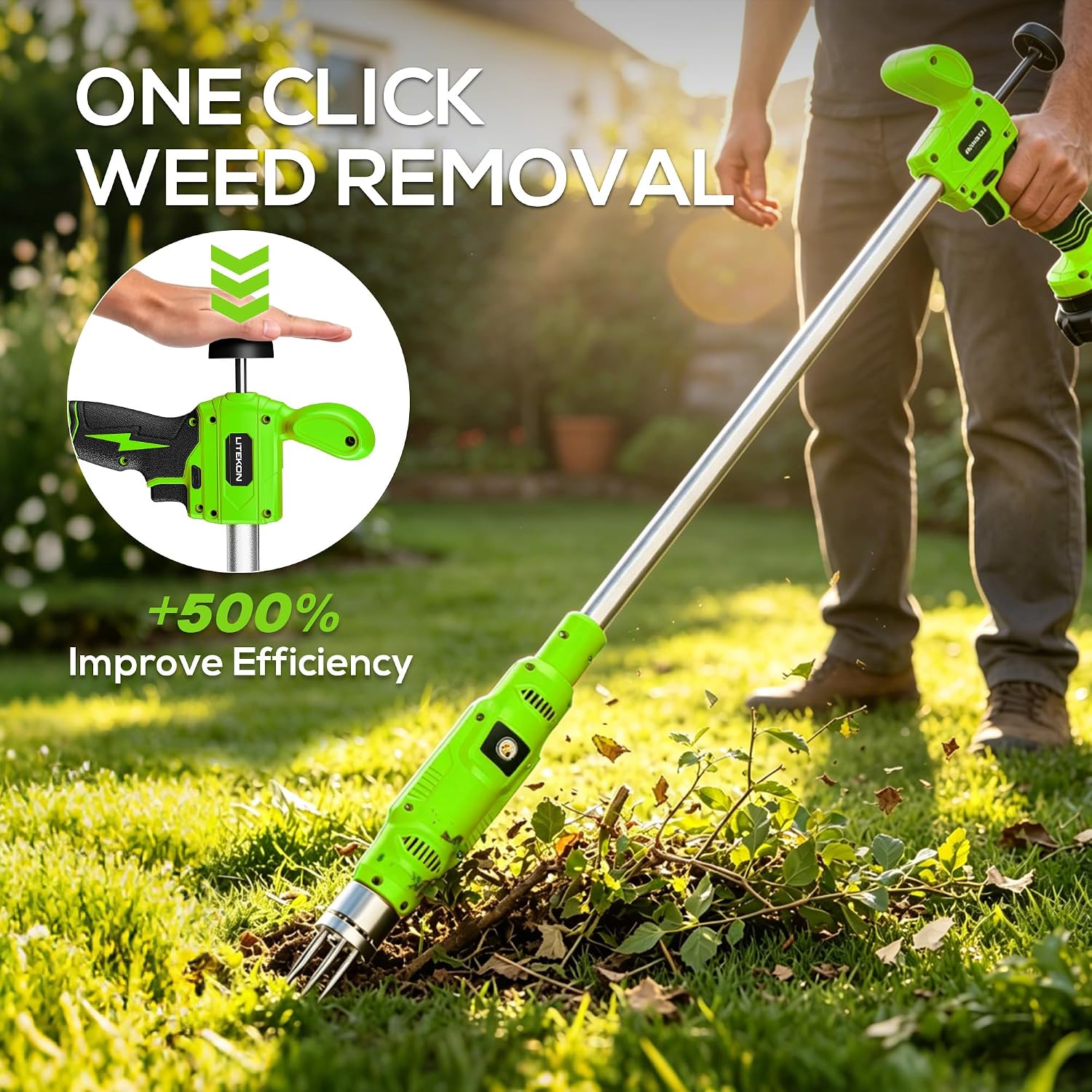 LITEKON Electric Cordless Weed Puller Tool, 20V Battery Powered Stand Up Weeder with 2.0Ah Battery & Fast Charger