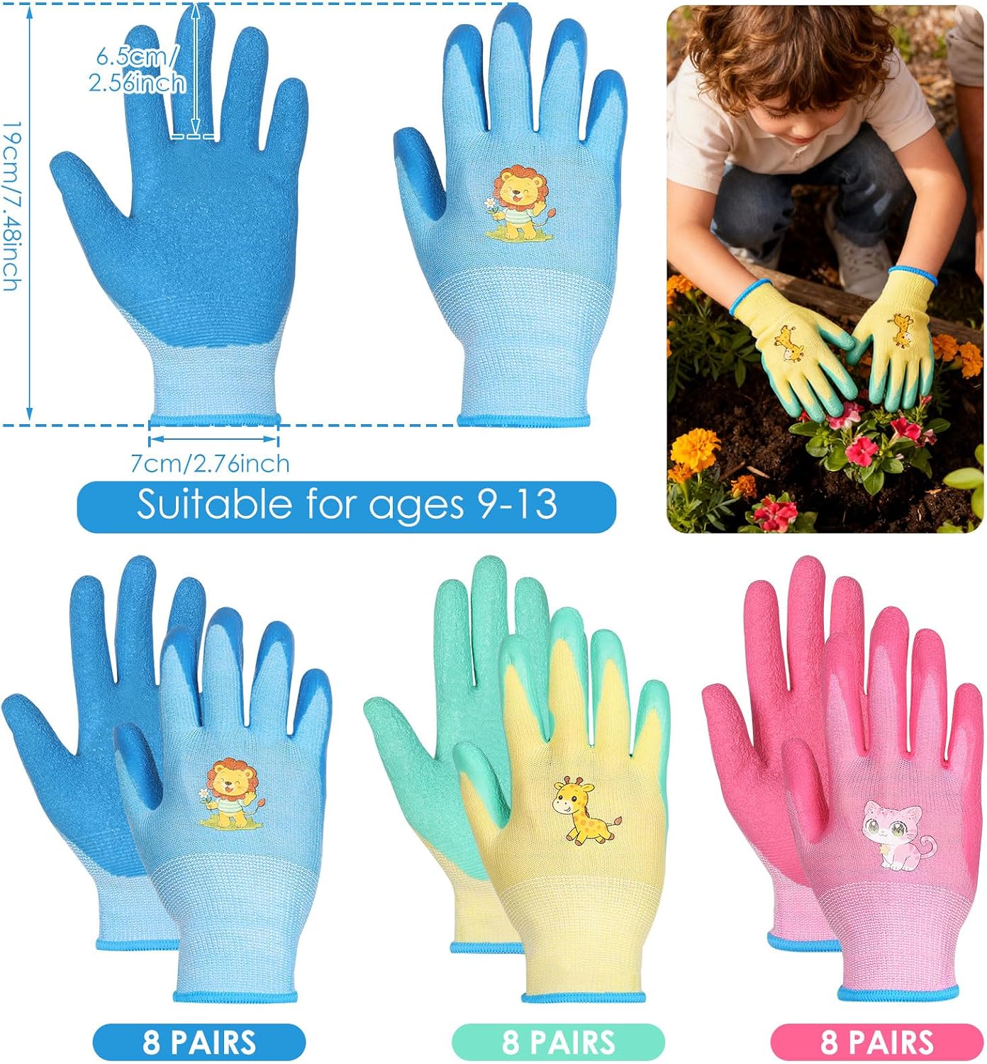 24 Pairs Kids Gardening Gloves For Age 9-13 Latex Coated Safety Work Gloves | Non Slip Children Yard Grippy Gloves for