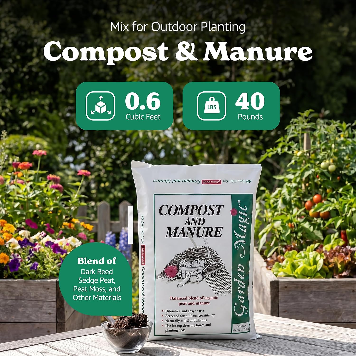 Michigan Peat Garden Magic Odor-Free Compost & Manure Blend, 40 lb | Outdoor Lawn and Gardeniing Mixture with Nutrients