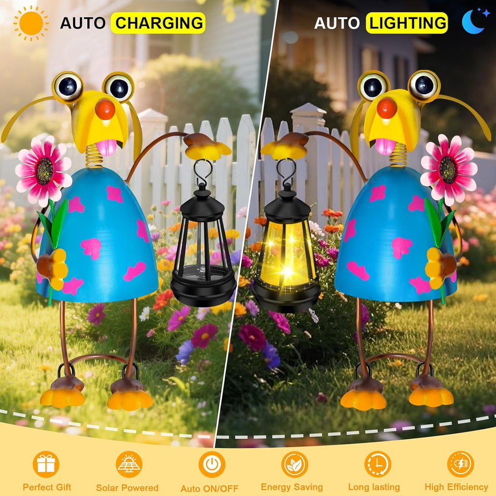 Solar Metal Dog Garden Statue with Lantern, Outdoor Garden Decor Figurine | Bobble Head Spring Neck Wind Wobble Design