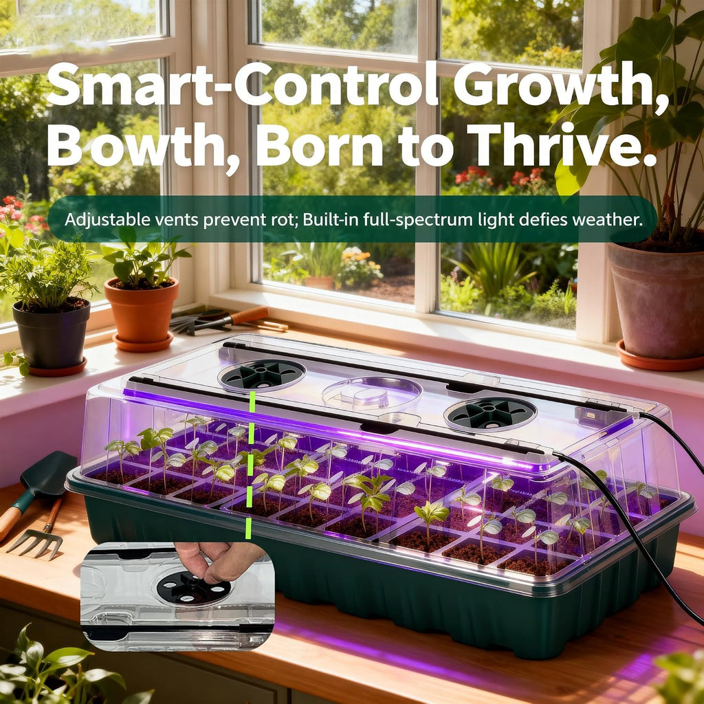 72-Cell Seed Starter Kit with Grow Light, Auto Timer & Humidity Dome | 5 brightness levels, 3/9/12H auto timer, 6