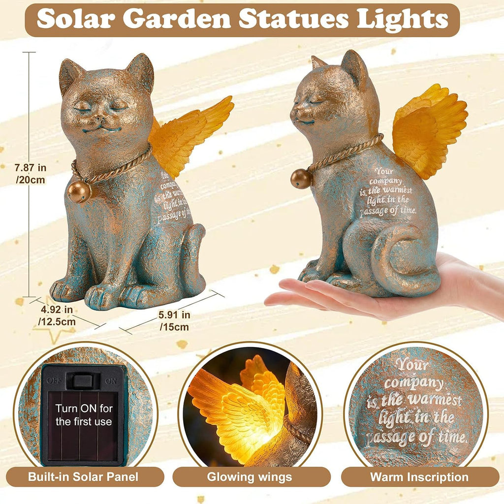 Pet Memorial Angel Cat Statue - Solar Powered Glowing Resin Garden Statue | Waterproof with LED Light Wings, Memorial