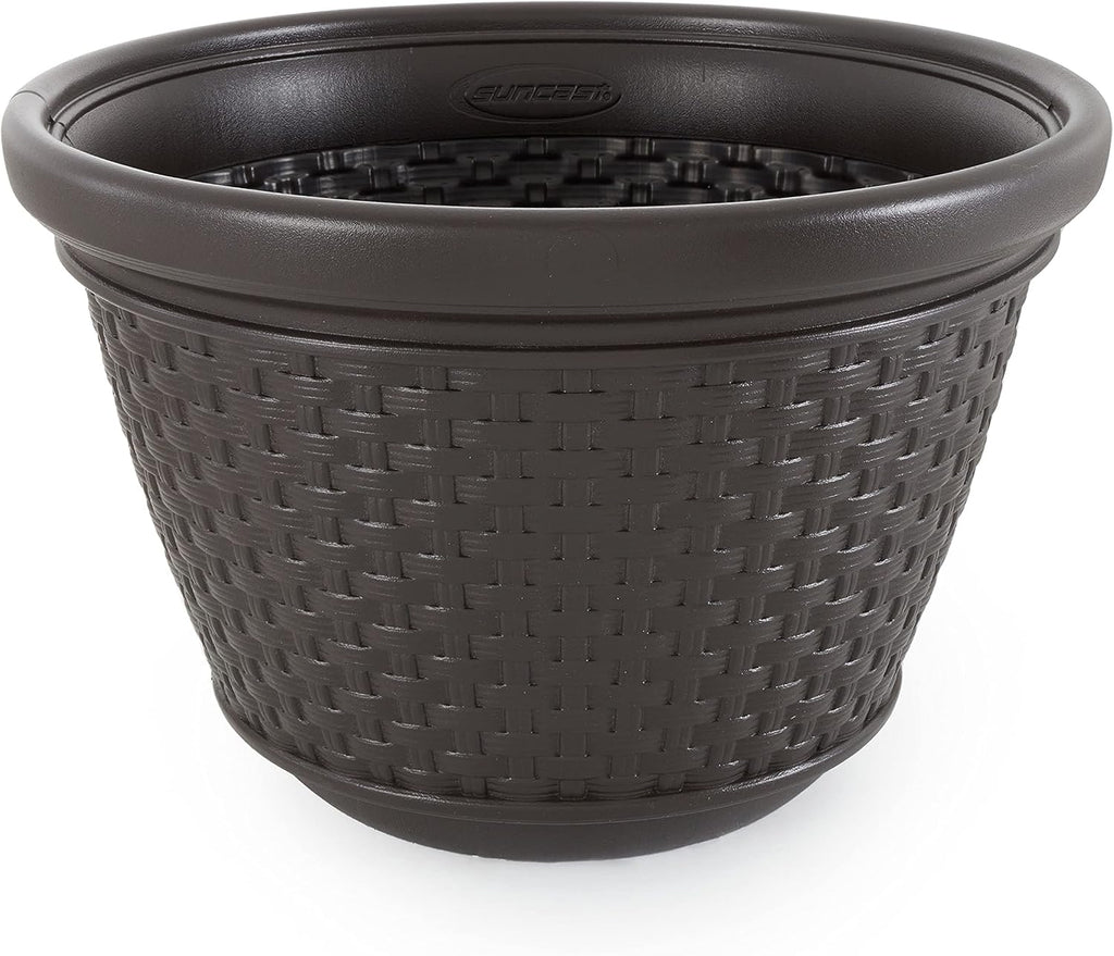 Suncast Decorative Wicker Garden Hose Holder Pot with 4 Drain Holes for 100 Foot Hoses, Java