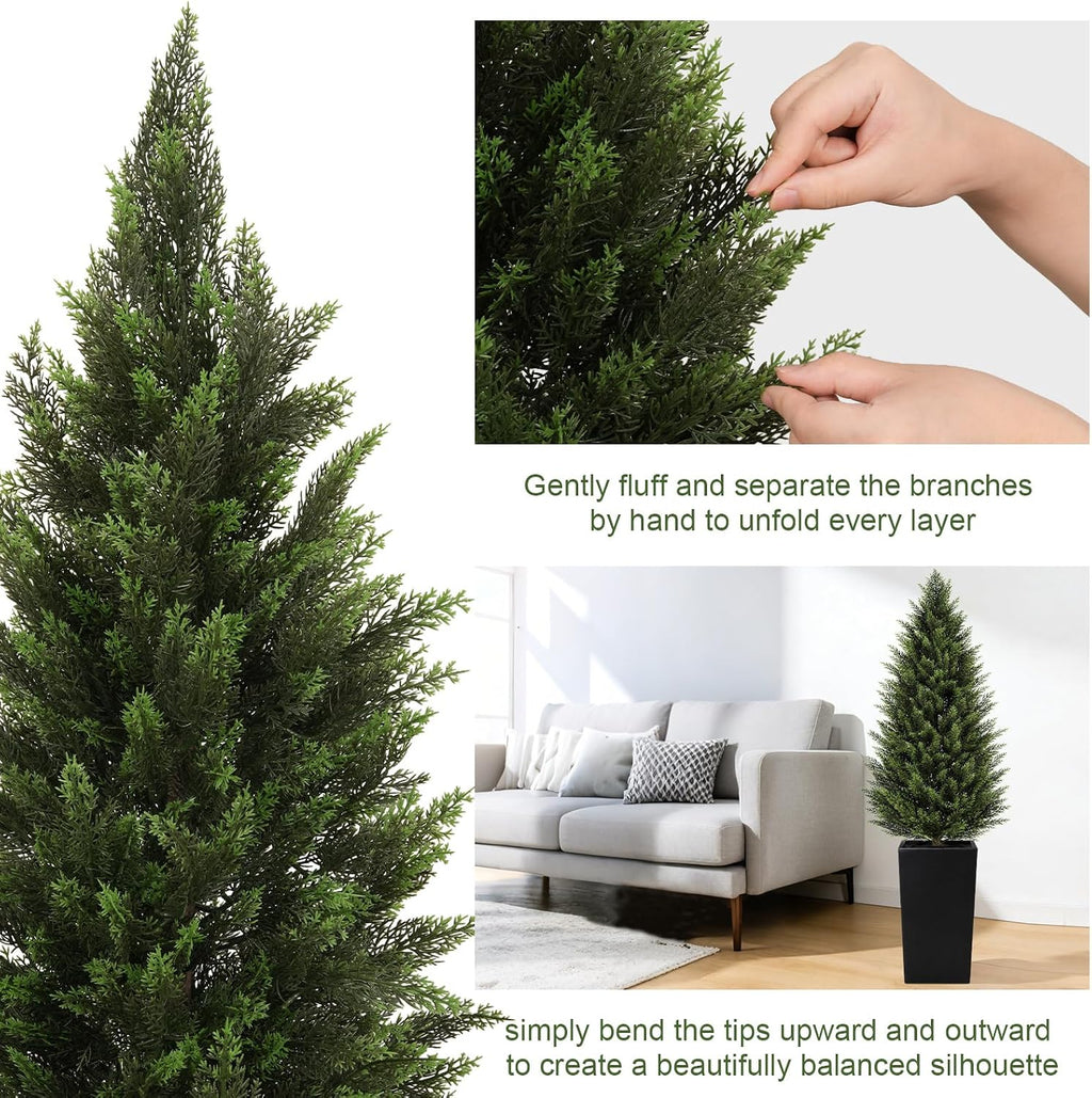 VIVATREES 4FT Artificial Cedar Topiary Trees 2 Pack, Realistic Faux Cypress Trees with Square Black Planter Pot, UV