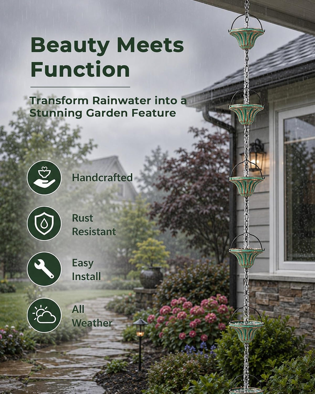 Rain Catcher Chain Fluted Cup Metal Downspout Replacement | 8.6FT Length Rain Chain for Gutters 12 Metal Cups Crystal