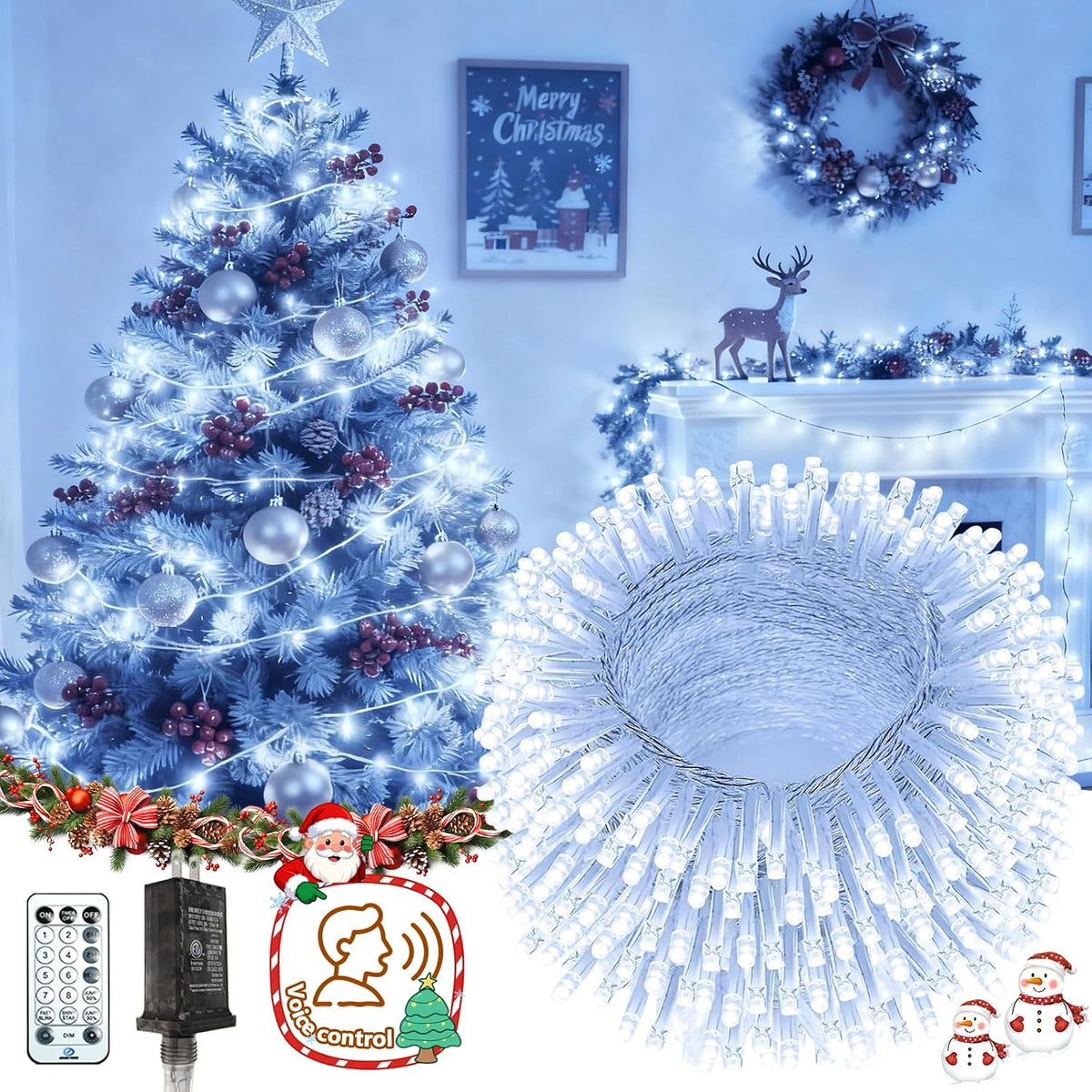KAQ 240LED 88FT Christmas String Lights Voice Controlled Remote, Cool White