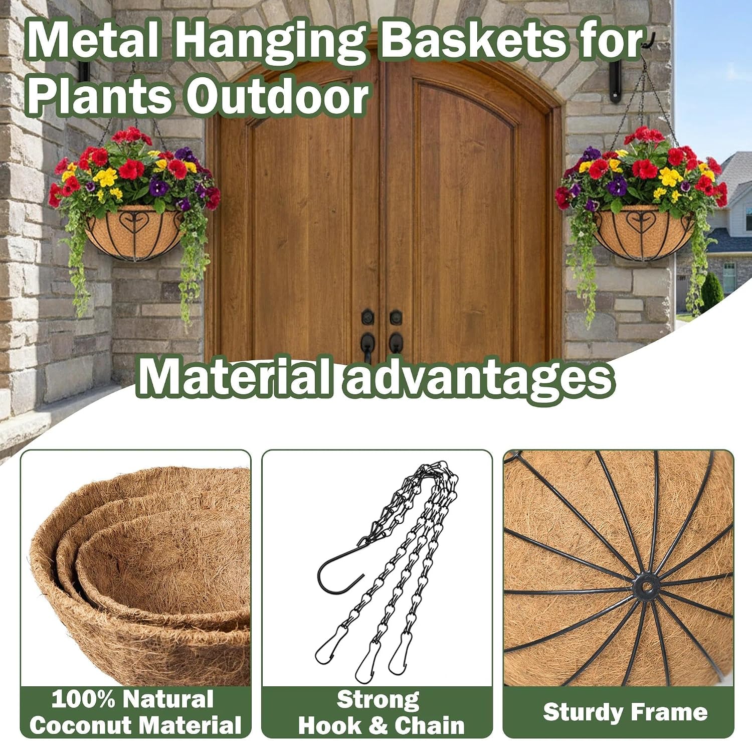 4 Pack 14 Inch Hanging Metal Planters for Outdoor Plants, Modern Black Solid Rectangular Hanging Baskets with Coco Coir