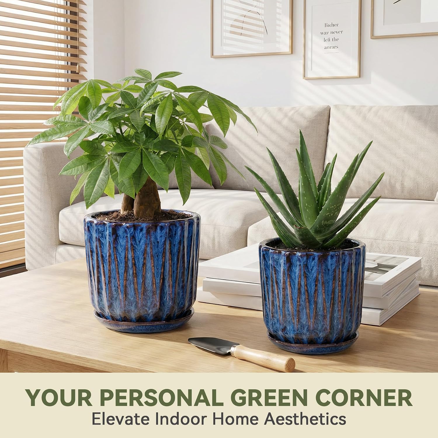 7.5 Inch Ceramic Planter Pot with Saucer Drainage Leak-Proof Mesh,Flower Pots for Indoor Plants with Gardening