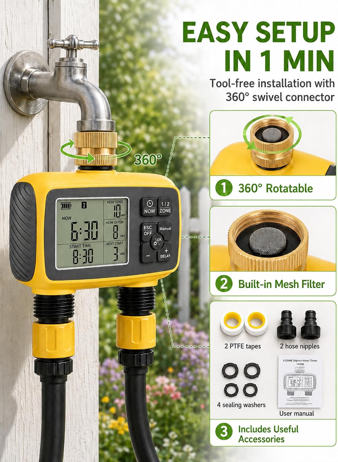 Hose Timer 2 Outlet, 2 Zone Programmable Sprinkler Timer with Rain Delay & Manual Mode, Heavy Duty Digital Timer for