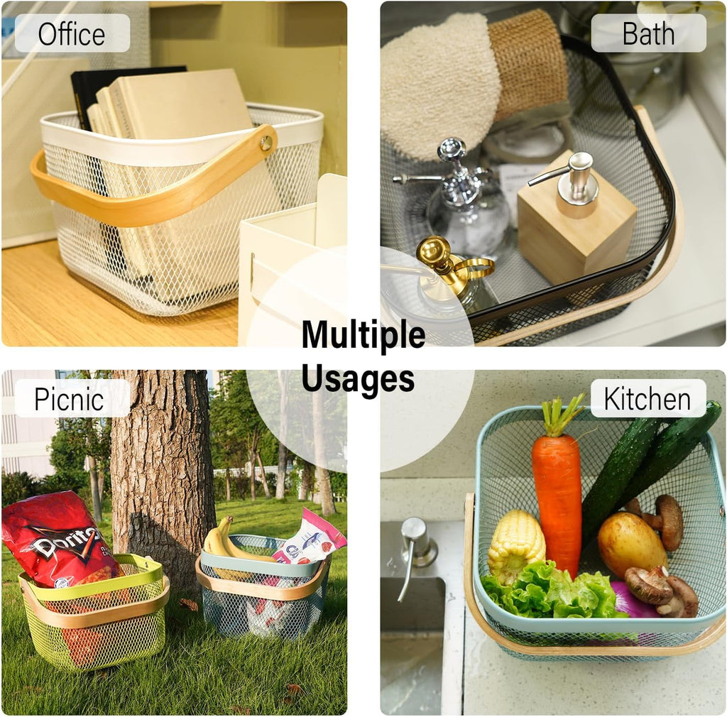 Metal Mesh Steel Harvest Basket, Wire Garden Basket with Handle | Square Multi-Functional Storage Organizer for