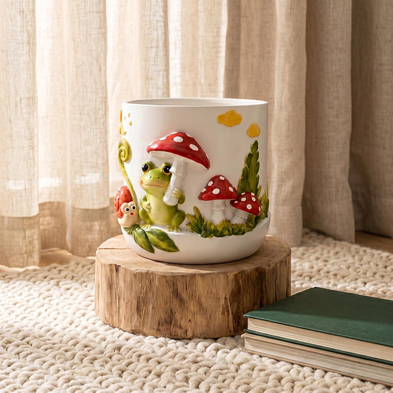 Frog Mushroom Planter Pot with Drainage, Frog Flower Vase, Mushrooms Decor Plant Pot for Garden, Entryway, Living Room