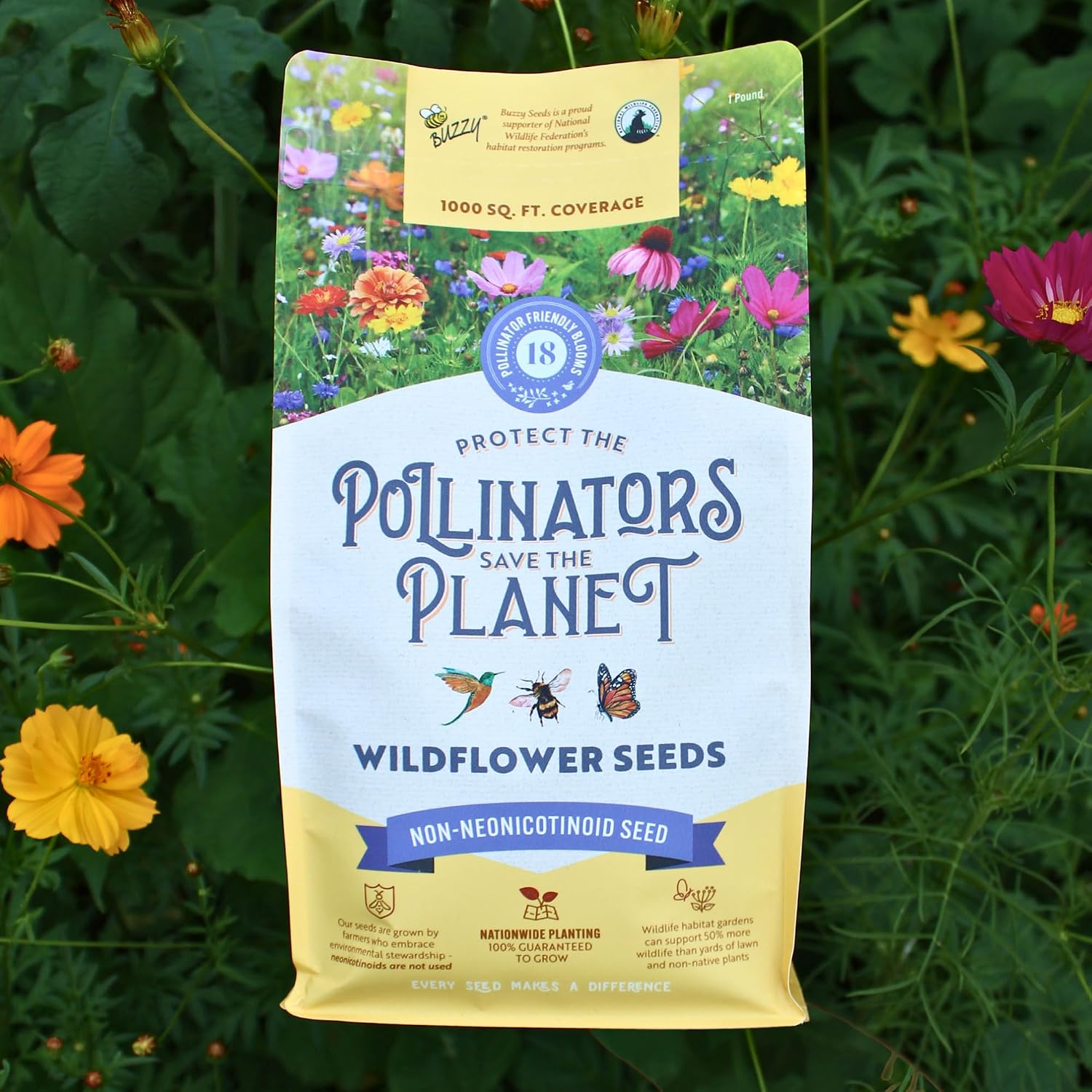 BUZZY Wildflower Pollinator Seed Mix (1lb Bag), 18 Pollinator-Friendly Varieties, Protect The Pollinators & Save The