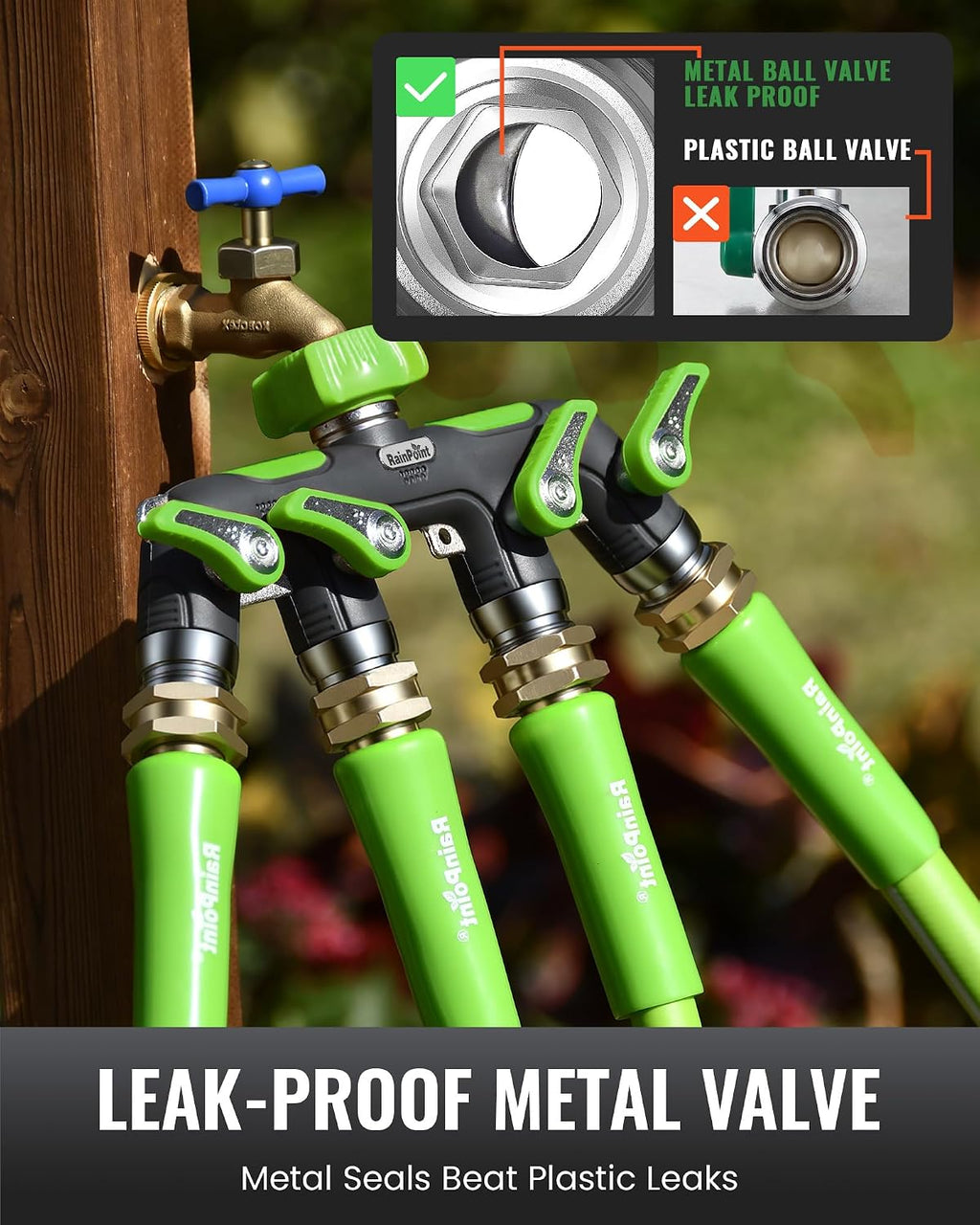 RAINPOINT 4 Way Garden Hose Splitter, 100% Metal Heavy Duty Water Hose Splitter with Individual Shut-Off Valves, 3/4"