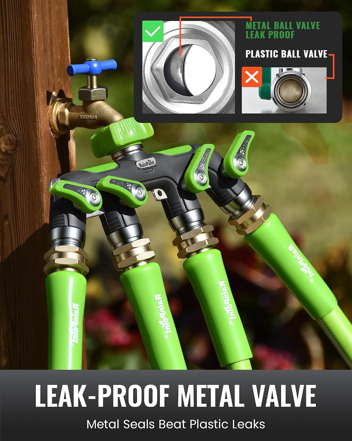 RAINPOINT 4 Way Garden Hose Splitter, 100% Metal Heavy Duty Water Hose Splitter with Individual Shut-Off Valves, 3/4"