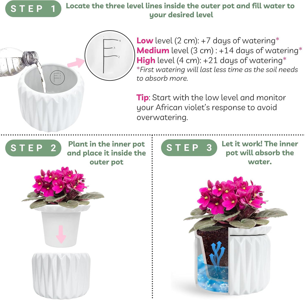 6 Inch African Violet Pots Self Watering, Ceramic Planter with Water Reservoir and Fill Lines, 4 Inch Opening, Indoor
