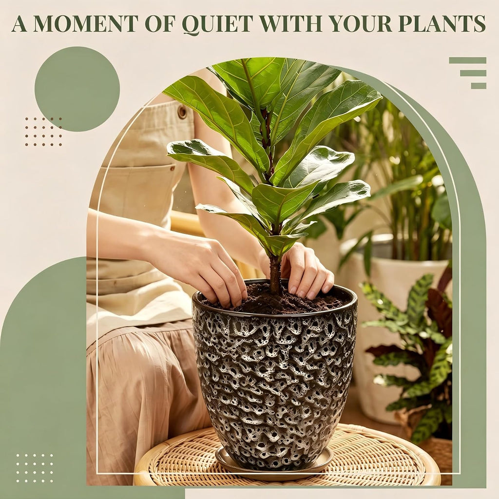11.8 Inch Modern Ceramic Plant Pot with Saucer, Flower Pot with Drainage Hole Mesh Net,Indoor Outdoor Planter (Speckle